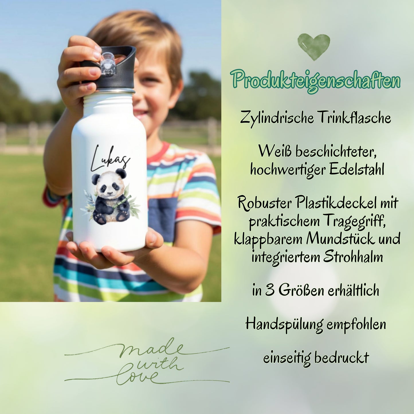 Trinkflasche Kinder personalisiert mit Namen | Panda Koala Otter Erdmännchen Leopard | Edelstahl Kinder Trinkflasche mit Strohhalm