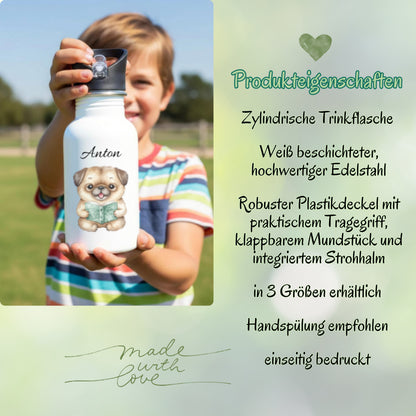 Personalisierte Trinkflasche Kinder mit Namen | Hund Edelstahl Kinder Trinkflasche mit Strohhalm | Kindergarten Schule