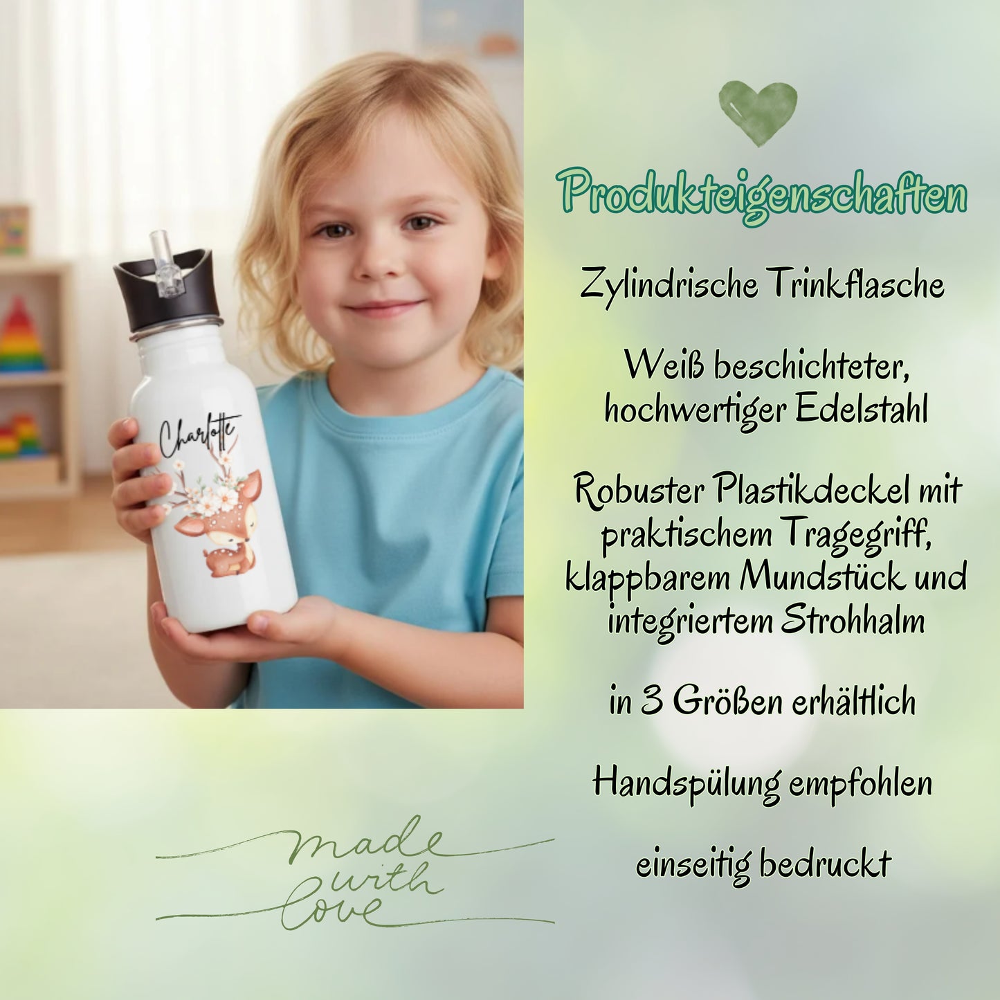Trinkflasche Kinder personalisiert mit Namen | Pferd Reh Pony Hase | Edelstahl Kinder Trinkflasche mit Strohhalm