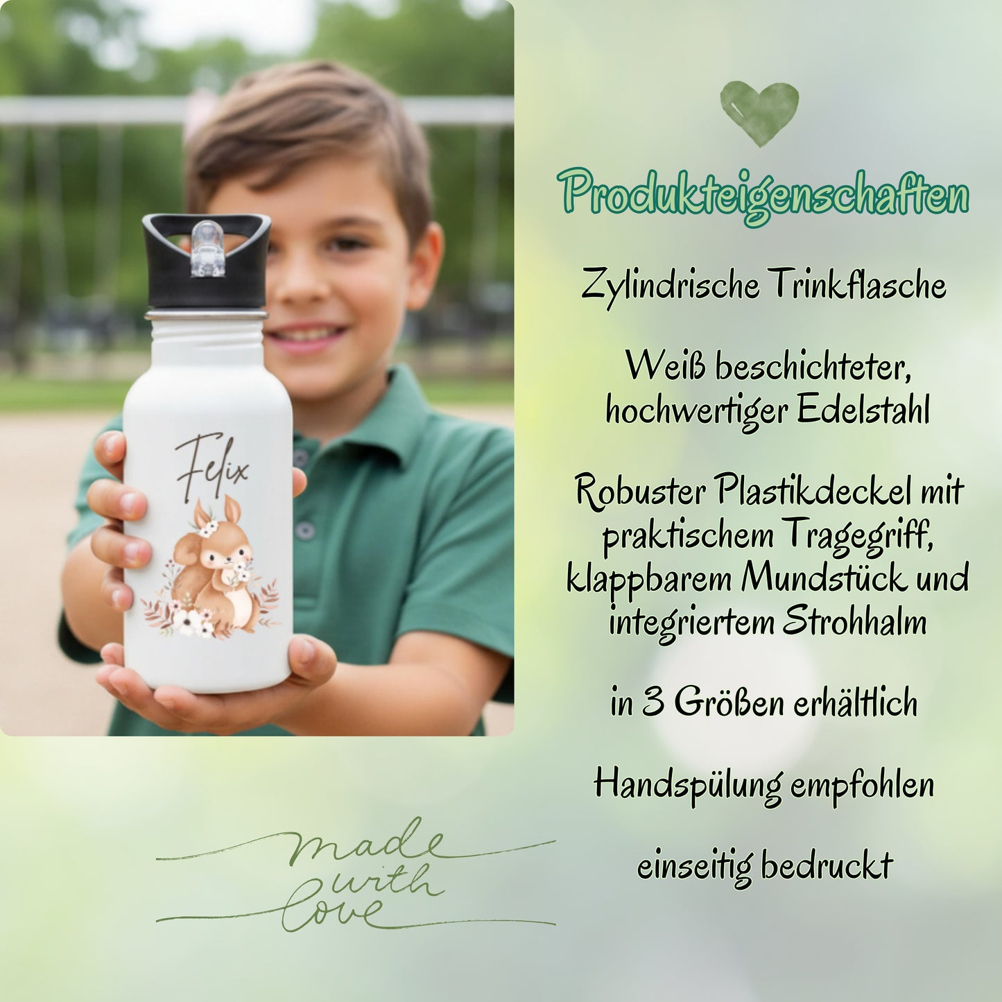 Trinkflasche Kinder personalisiert mit Namen | Waschbär Maus Fuchs Bär Eichhörnchen | Edelstahl Kinder Trinkflasche mit Strohhalm