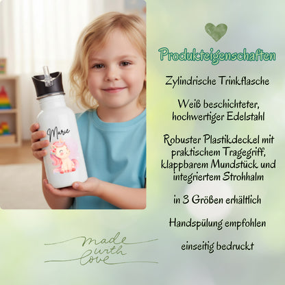 Einhorn Trinkflasche Kinder personalisiert mit Namen | Edelstahl Kinder Trinkflasche mit Strohhalm