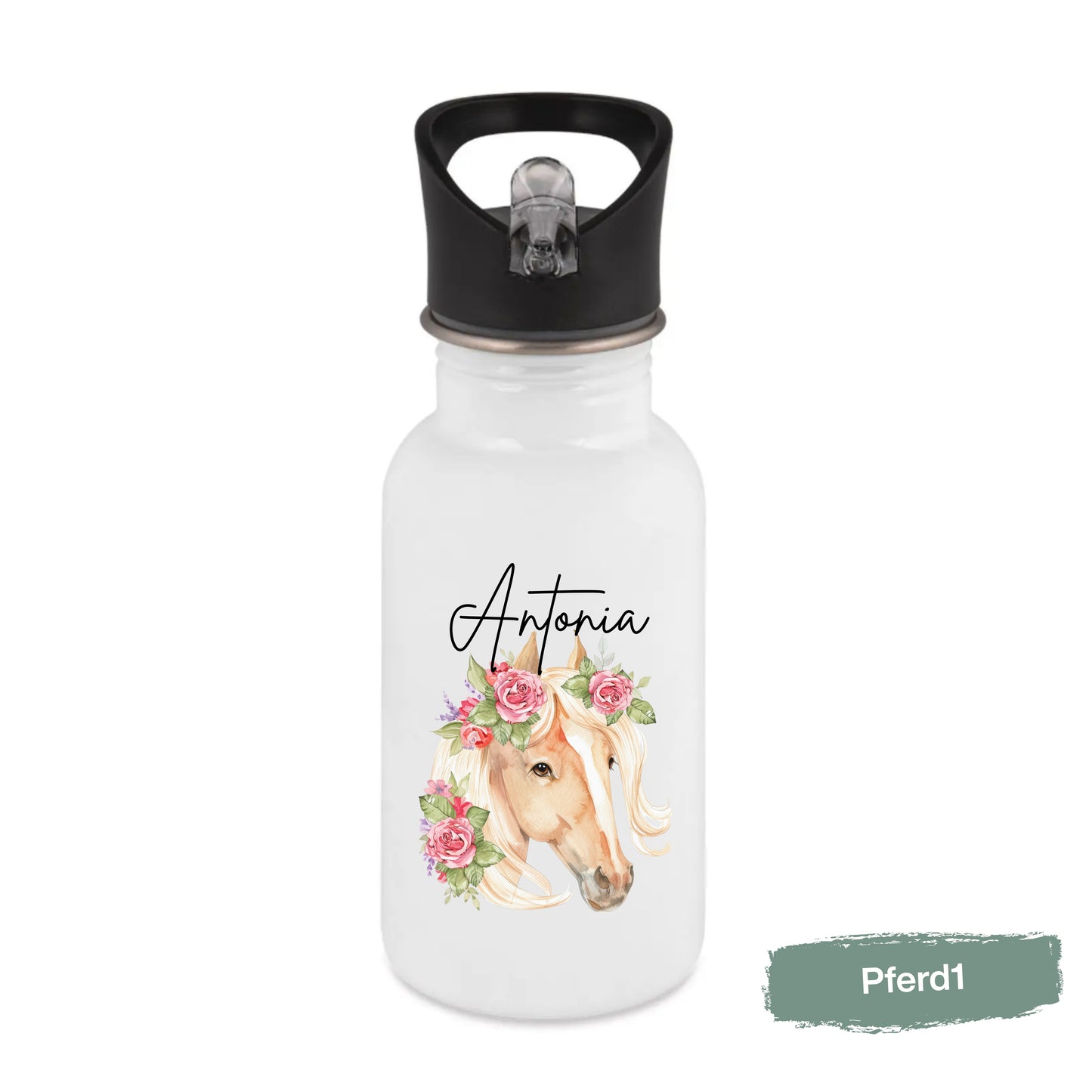 Trinkflasche Kinder personalisiert mit Namen | Pferd Reh Pony Hase | Edelstahl Kinder Trinkflasche mit Strohhalm