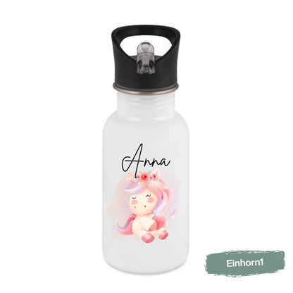Einhorn Trinkflasche Kinder personalisiert mit Namen | Edelstahl Kinder Trinkflasche mit Strohhalm