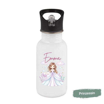 Trinkflasche Kinder personalisiert mit Namen | Prinzessin Meerjungfrau Ballerina Fee | Edelstahl Kinder Trinkflasche mit Strohhalm