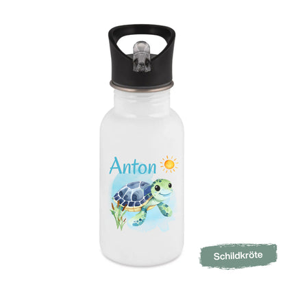 Trinkflasche Kinder personalisiert mit Namen mit Tieren | Edelstahl Kinder Trinkflasche mit Strohhalm