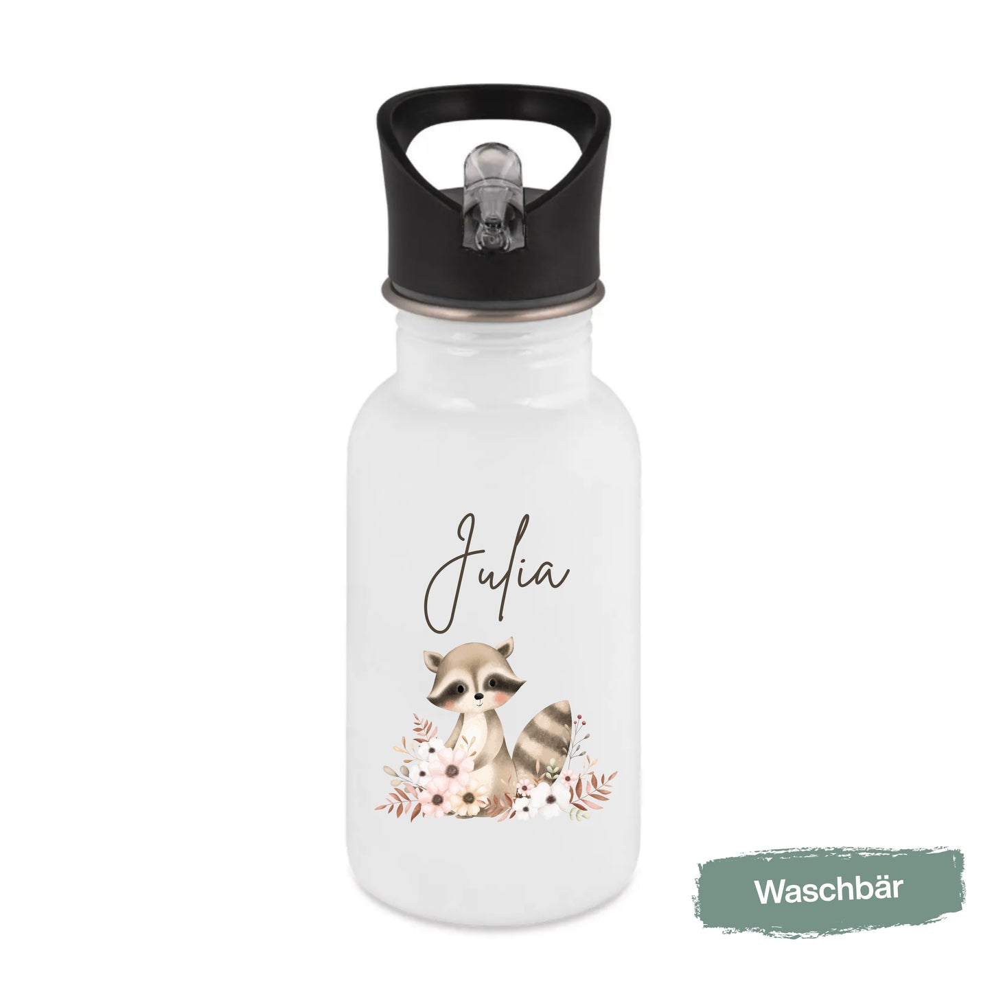 Trinkflasche Kinder personalisiert mit Namen | Waschbär Maus Fuchs Bär Eichhörnchen | Edelstahl Kinder Trinkflasche mit Strohhalm