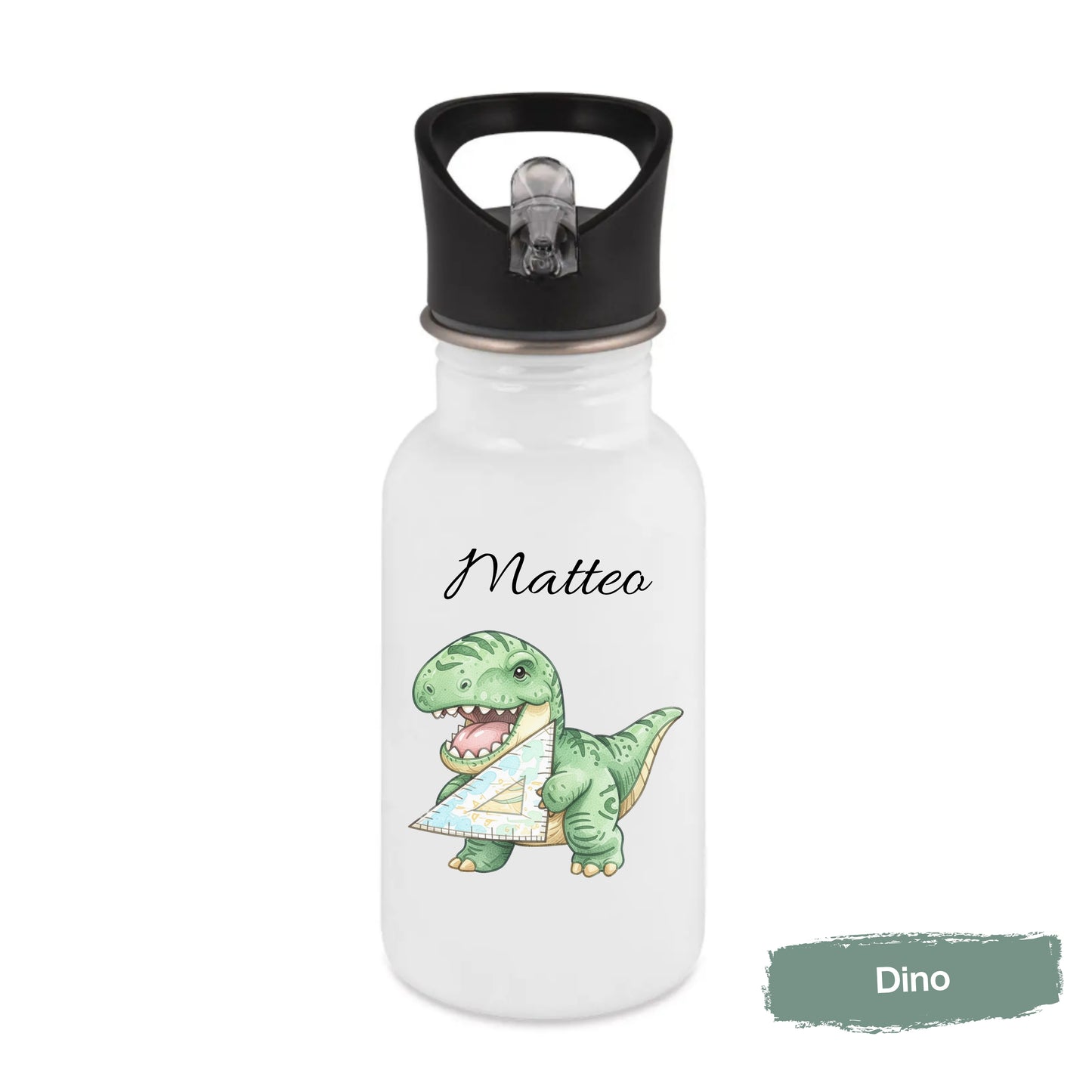 Trinkflasche Kinder personalisiert mit Namen | Dino Axolotl Löwe Einhorn Pferde | Edelstahl Kinder Trinkflasche mit Strohhalm