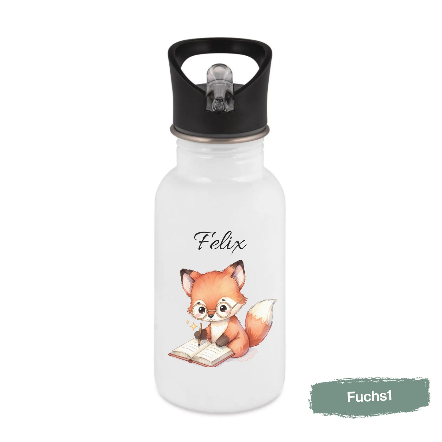 Personalisierte Trinkflasche Kinder mit Namen | Fuchs & Eichhörnchen Edelstahl Kinder Trinkflasche mit Strohhalm | Kindergarten Schule