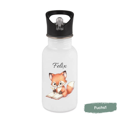 Personalisierte Trinkflasche Kinder mit Namen | Fuchs & Eichhörnchen Edelstahl Kinder Trinkflasche mit Strohhalm | Kindergarten Schule