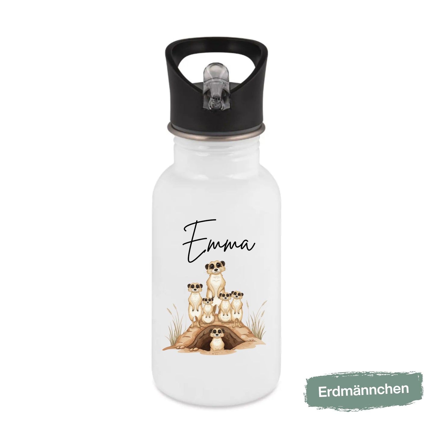 Trinkflasche Kinder personalisiert mit Namen | Panda Koala Otter Erdmännchen Leopard | Edelstahl Kinder Trinkflasche mit Strohhalm