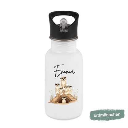 Trinkflasche Kinder personalisiert mit Namen | Panda Koala Otter Erdmännchen Leopard | Edelstahl Kinder Trinkflasche mit Strohhalm