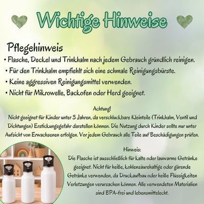 Personalisierte Trinkflasche Kinder mit Namen | Hund Edelstahl Kinder Trinkflasche mit Strohhalm | Kindergarten Schule