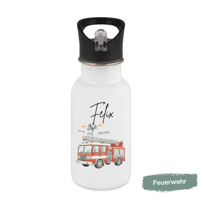Trinkflasche Kinder personalisiert mit Namen und Fahrzeugen | Edelstahl Kinder Trinkflasche mit Strohhalm