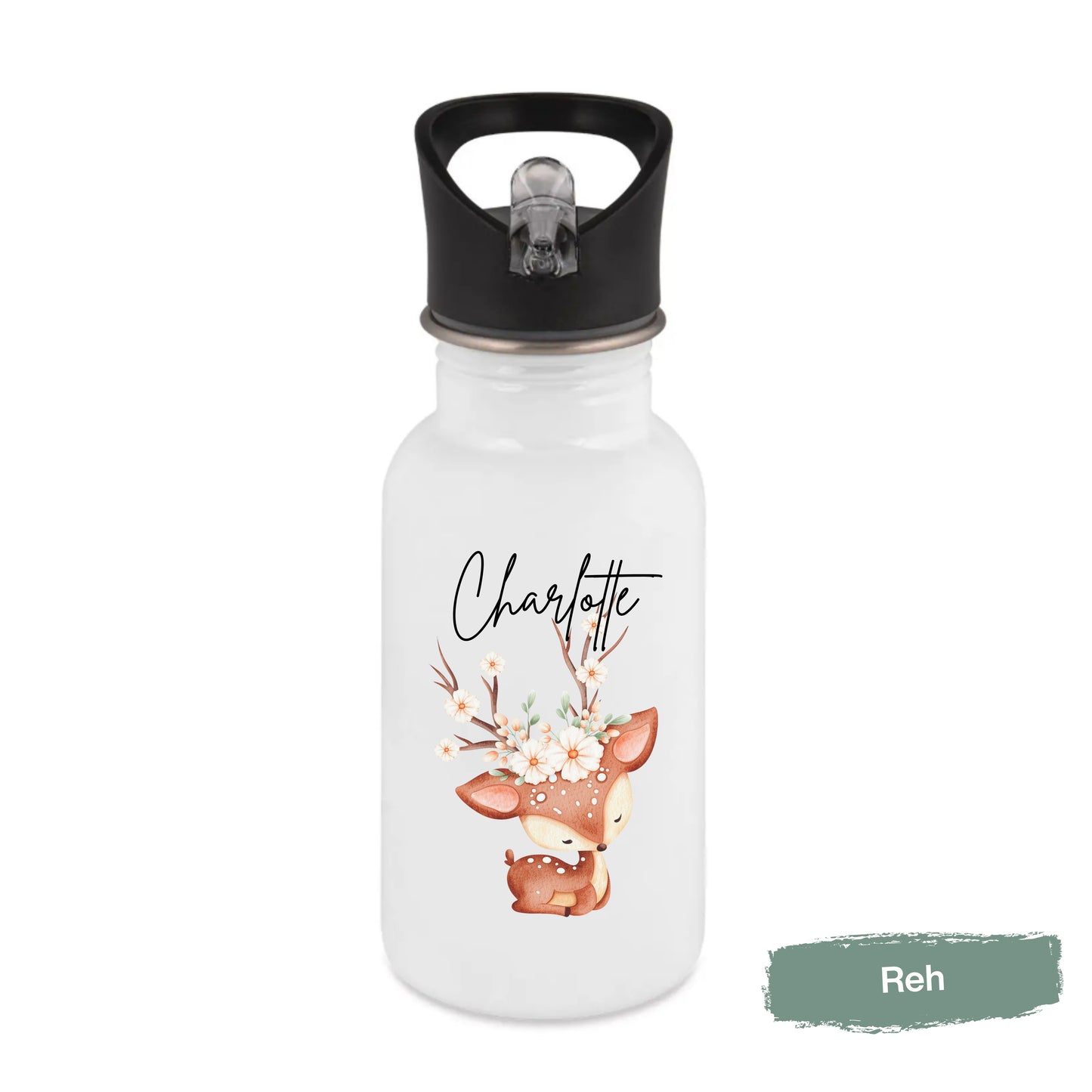 Trinkflasche Kinder personalisiert mit Namen | Pferd Reh Pony Hase | Edelstahl Kinder Trinkflasche mit Strohhalm