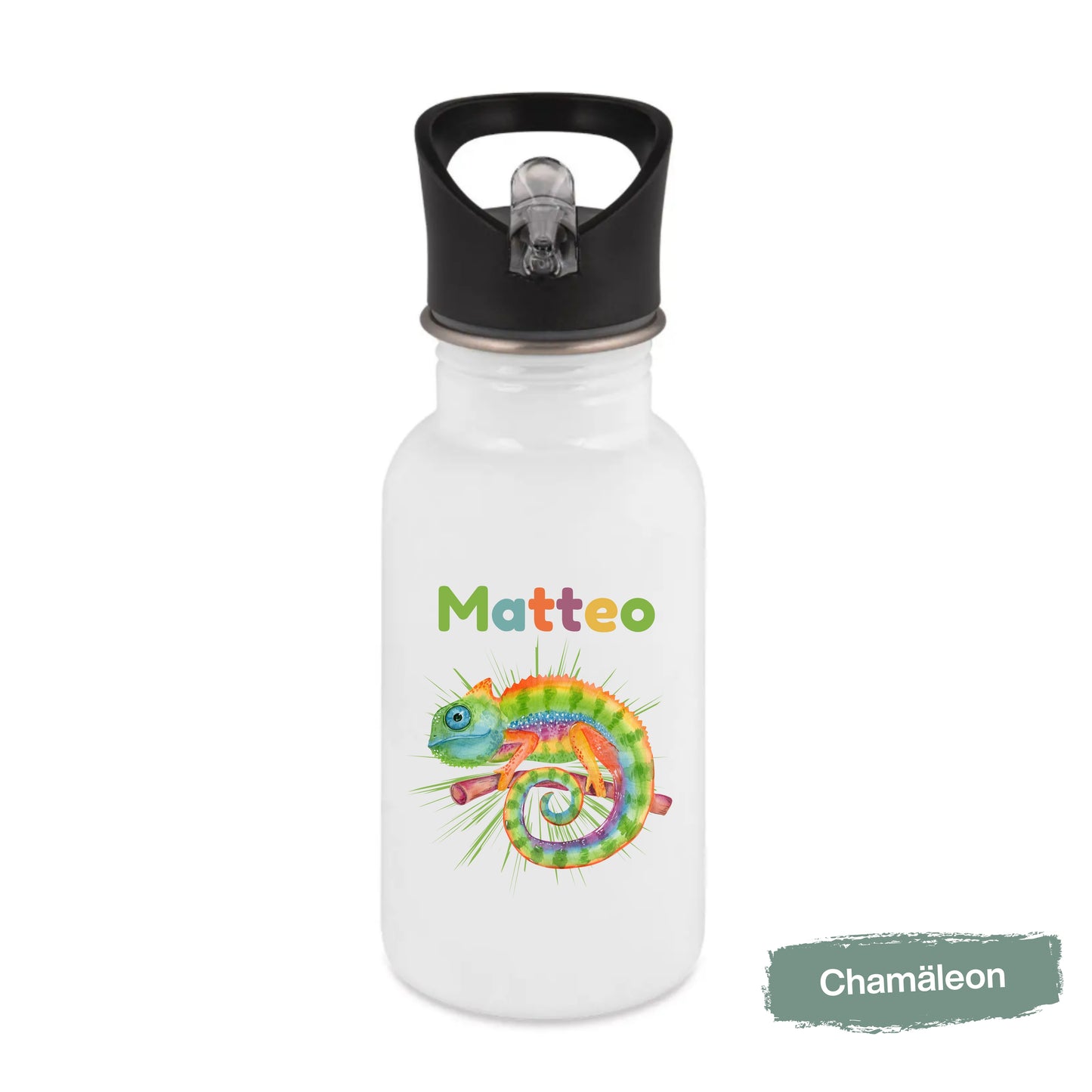 Trinkflasche Kinder personalisiert mit Namen mit Tieren | Edelstahl Kinder Trinkflasche mit Strohhalm