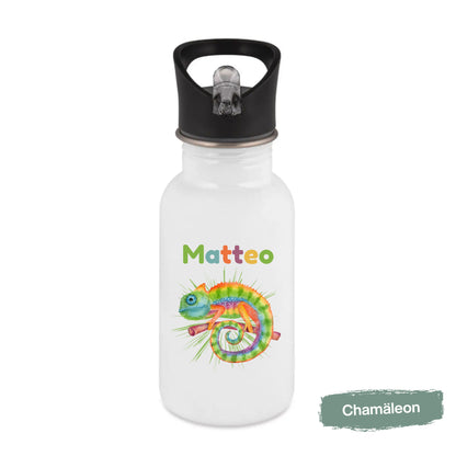 Trinkflasche Kinder personalisiert mit Namen mit Tieren | Edelstahl Kinder Trinkflasche mit Strohhalm