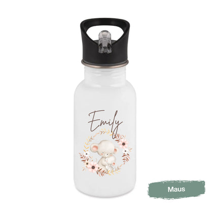 Trinkflasche Kinder personalisiert mit Namen | Waschbär Maus Fuchs Bär Eichhörnchen | Edelstahl Kinder Trinkflasche mit Strohhalm