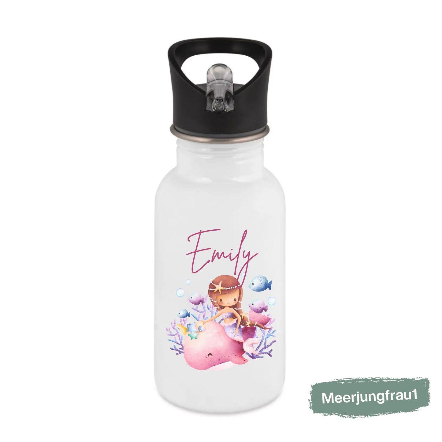 Trinkflasche Kinder personalisiert mit Namen | Prinzessin Meerjungfrau Ballerina Fee | Edelstahl Kinder Trinkflasche mit Strohhalm