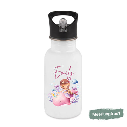 Trinkflasche Kinder personalisiert mit Namen | Prinzessin Meerjungfrau Ballerina Fee | Edelstahl Kinder Trinkflasche mit Strohhalm