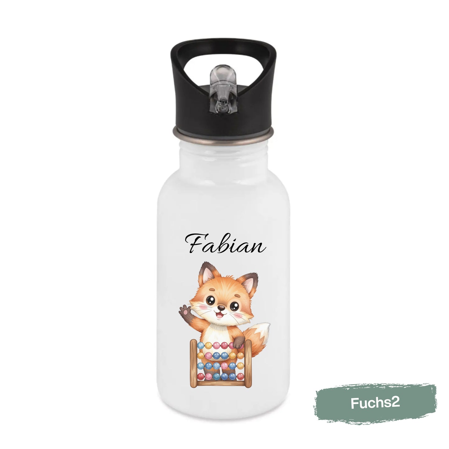 Personalisierte Trinkflasche Kinder mit Namen | Fuchs & Eichhörnchen Edelstahl Kinder Trinkflasche mit Strohhalm | Kindergarten Schule