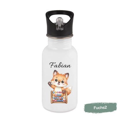 Personalisierte Trinkflasche Kinder mit Namen | Fuchs & Eichhörnchen Edelstahl Kinder Trinkflasche mit Strohhalm | Kindergarten Schule