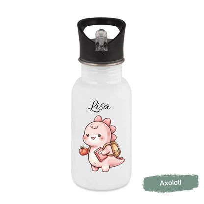 Trinkflasche Kinder personalisiert mit Namen | Dino Axolotl Löwe Einhorn Pferde | Edelstahl Kinder Trinkflasche mit Strohhalm