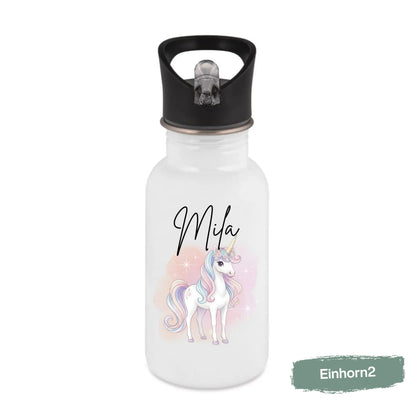 Einhorn Trinkflasche Kinder personalisiert mit Namen | Edelstahl Kinder Trinkflasche mit Strohhalm