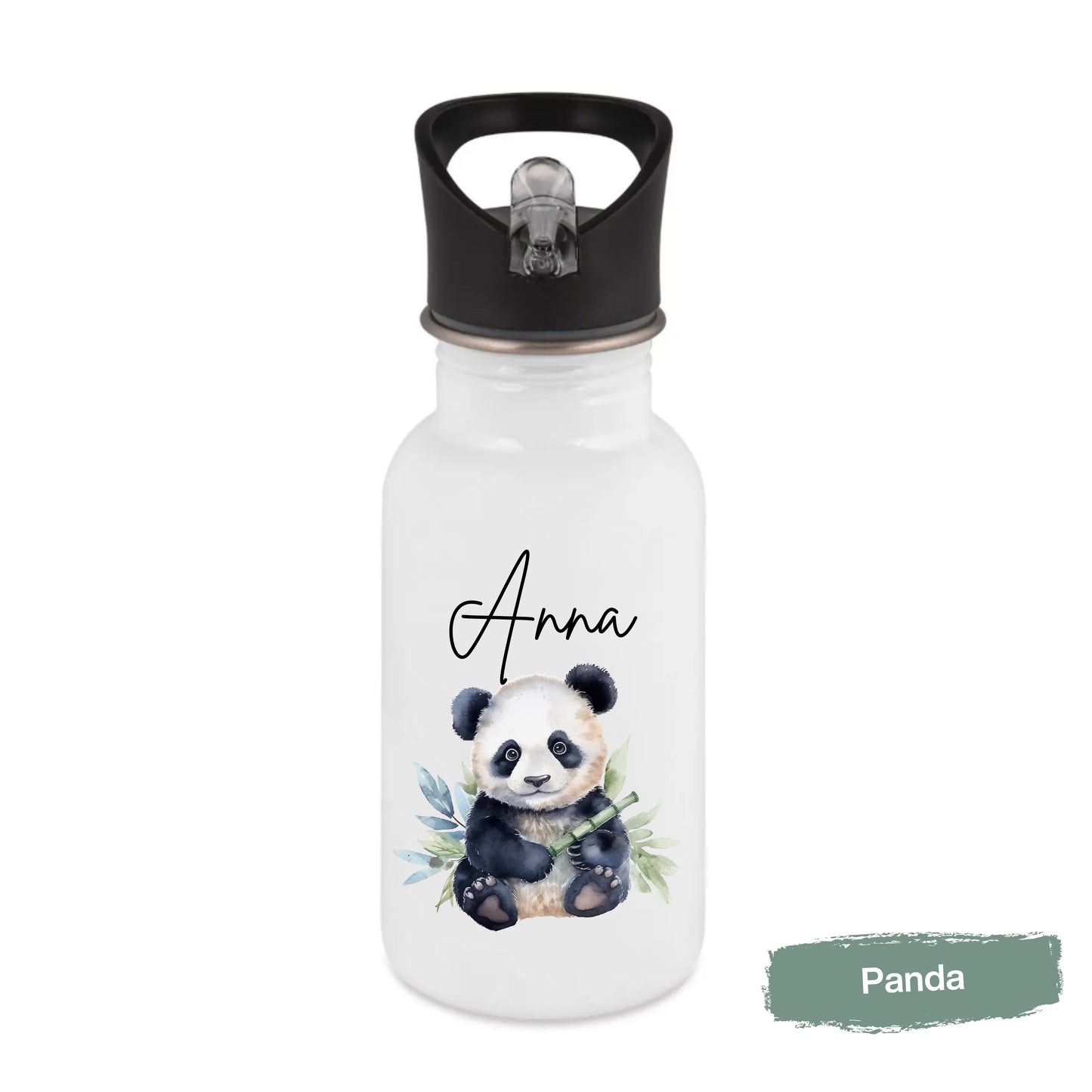 Trinkflasche Kinder personalisiert mit Namen | Panda Koala Otter Erdmännchen Leopard | Edelstahl Kinder Trinkflasche mit Strohhalm