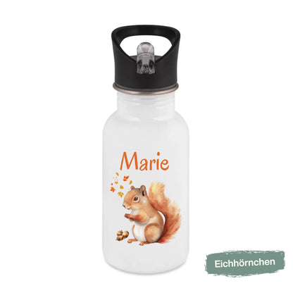 Trinkflasche Kinder personalisiert mit Namen mit Tieren | Edelstahl Kinder Trinkflasche mit Strohhalm