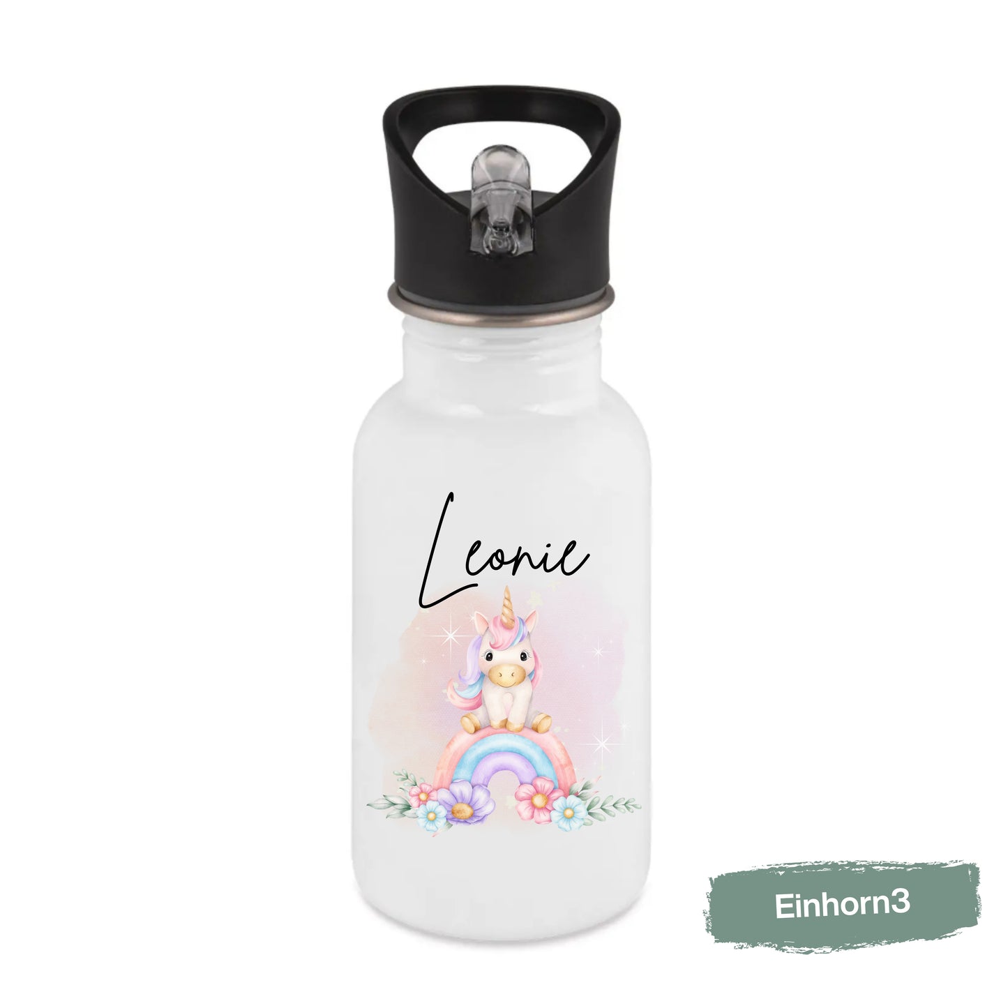 Einhorn Trinkflasche Kinder personalisiert mit Namen | Edelstahl Kinder Trinkflasche mit Strohhalm