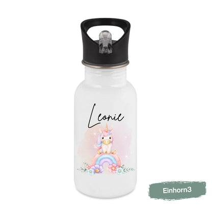 Einhorn Trinkflasche Kinder personalisiert mit Namen | Edelstahl Kinder Trinkflasche mit Strohhalm