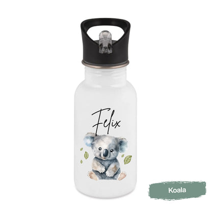 Trinkflasche Kinder personalisiert mit Namen | Panda Koala Otter Erdmännchen Leopard | Edelstahl Kinder Trinkflasche mit Strohhalm