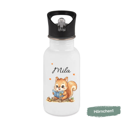 Personalisierte Trinkflasche Kinder mit Namen | Fuchs & Eichhörnchen Edelstahl Kinder Trinkflasche mit Strohhalm | Kindergarten Schule