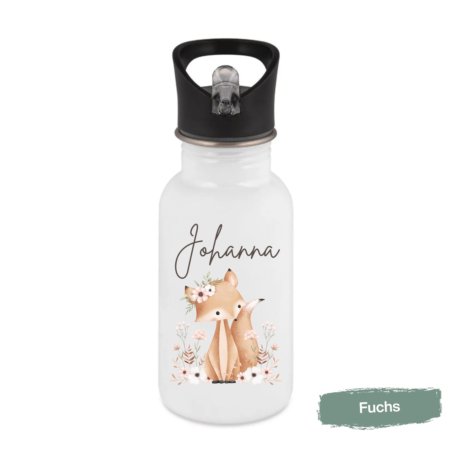 Trinkflasche Kinder personalisiert mit Namen | Waschbär Maus Fuchs Bär Eichhörnchen | Edelstahl Kinder Trinkflasche mit Strohhalm