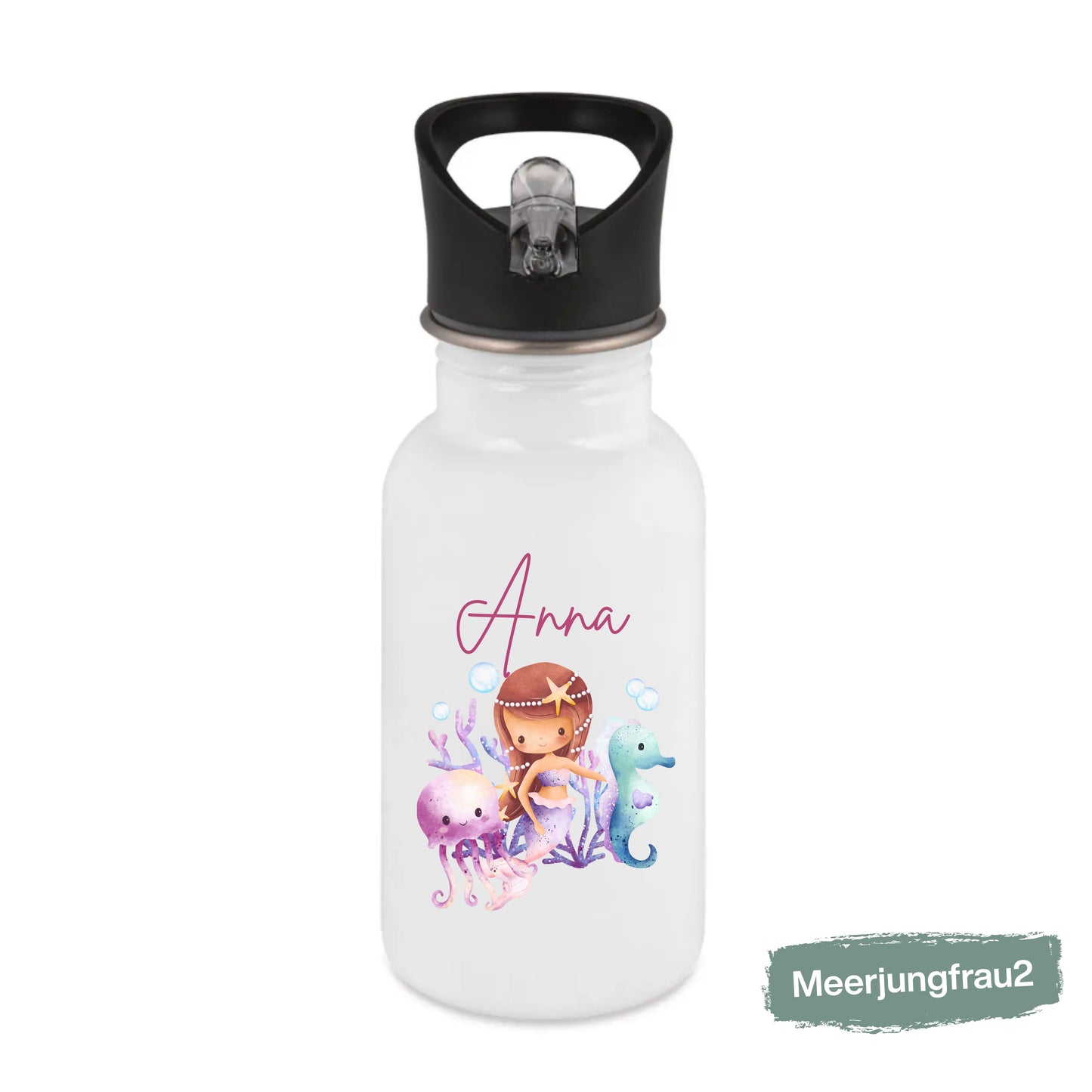 Trinkflasche Kinder personalisiert mit Namen | Prinzessin Meerjungfrau Ballerina Fee | Edelstahl Kinder Trinkflasche mit Strohhalm