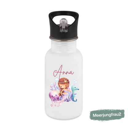 Trinkflasche Kinder personalisiert mit Namen | Prinzessin Meerjungfrau Ballerina Fee | Edelstahl Kinder Trinkflasche mit Strohhalm