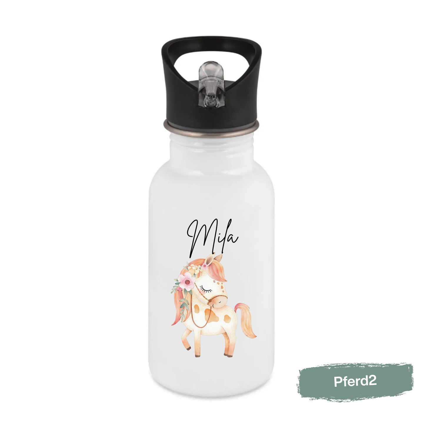 Trinkflasche Kinder personalisiert mit Namen | Pferd Reh Pony Hase | Edelstahl Kinder Trinkflasche mit Strohhalm