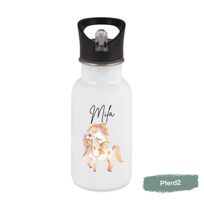 Trinkflasche Kinder personalisiert mit Namen | Pferd Reh Pony Hase | Edelstahl Kinder Trinkflasche mit Strohhalm