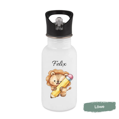 Trinkflasche Kinder personalisiert mit Namen | Dino Axolotl Löwe Einhorn Pferde | Edelstahl Kinder Trinkflasche mit Strohhalm