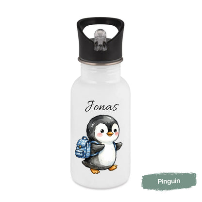 Personalisierte Trinkflasche Kinder mit Namen | Hase Biene Pinguin | Edelstahl Kinder Trinkflasche mit Strohhalm | Kindergarten Schule