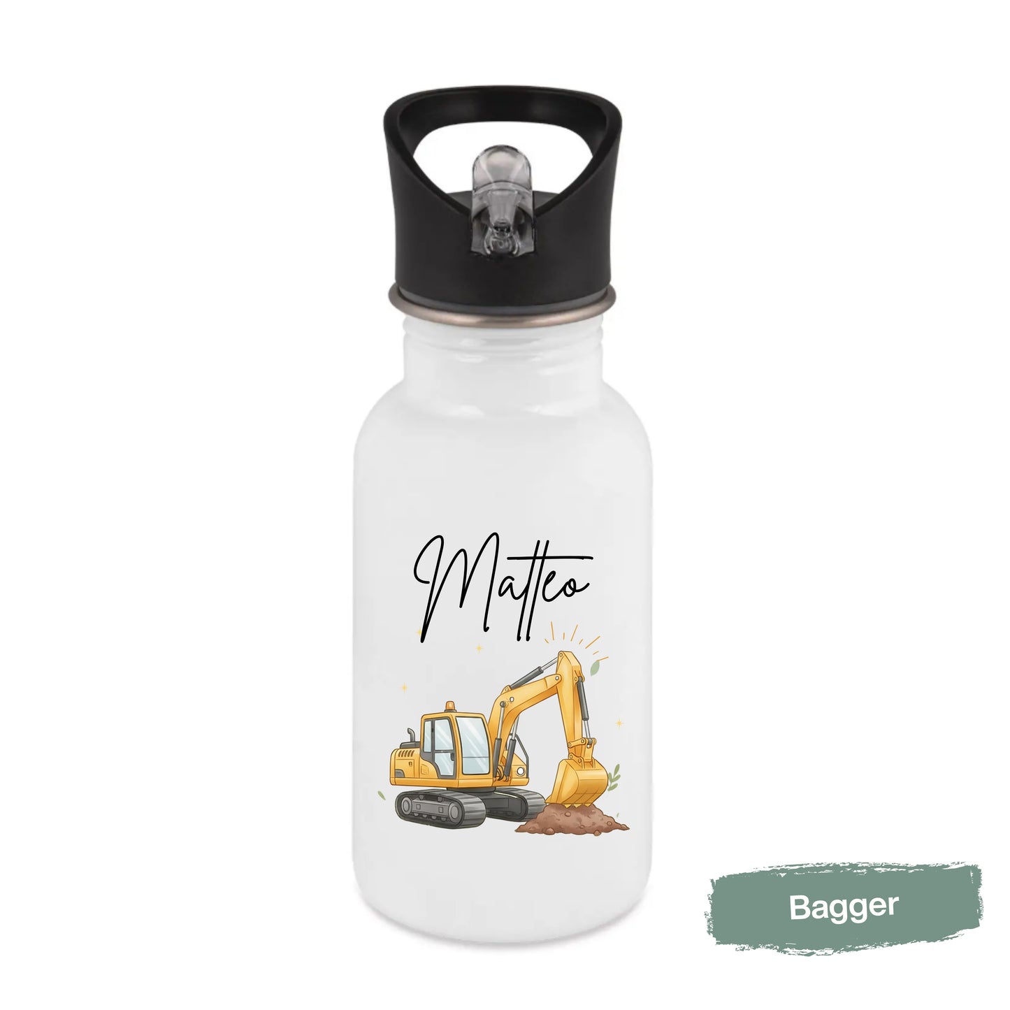 Trinkflasche Kinder personalisiert mit Namen und Fahrzeugen | Edelstahl Kinder Trinkflasche mit Strohhalm