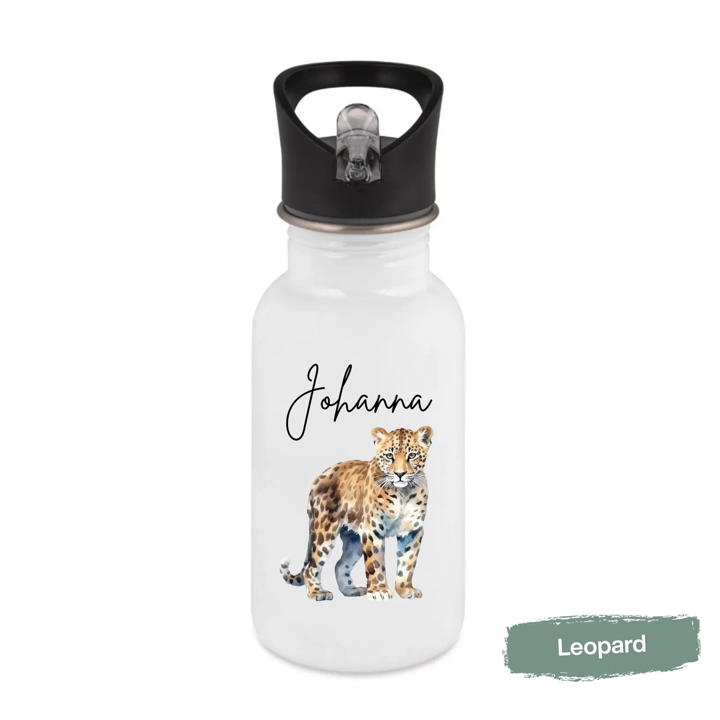 Trinkflasche Kinder personalisiert mit Namen | Panda Koala Otter Erdmännchen Leopard | Edelstahl Kinder Trinkflasche mit Strohhalm