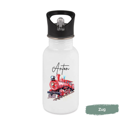 Trinkflasche Kinder personalisiert mit Namen und Fahrzeugen | Edelstahl Kinder Trinkflasche mit Strohhalm
