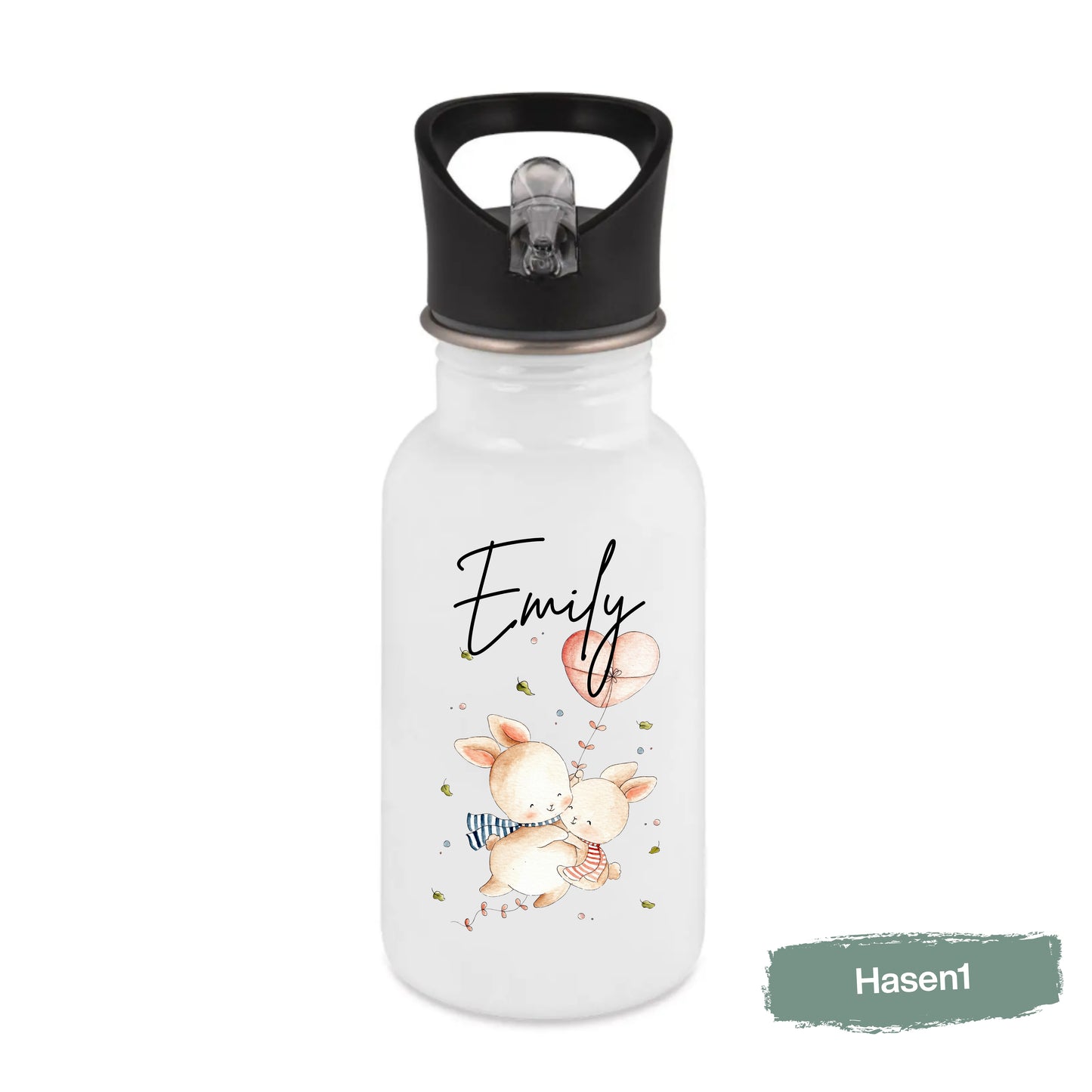 Trinkflasche Kinder personalisiert mit Namen | Pferd Reh Pony Hase | Edelstahl Kinder Trinkflasche mit Strohhalm