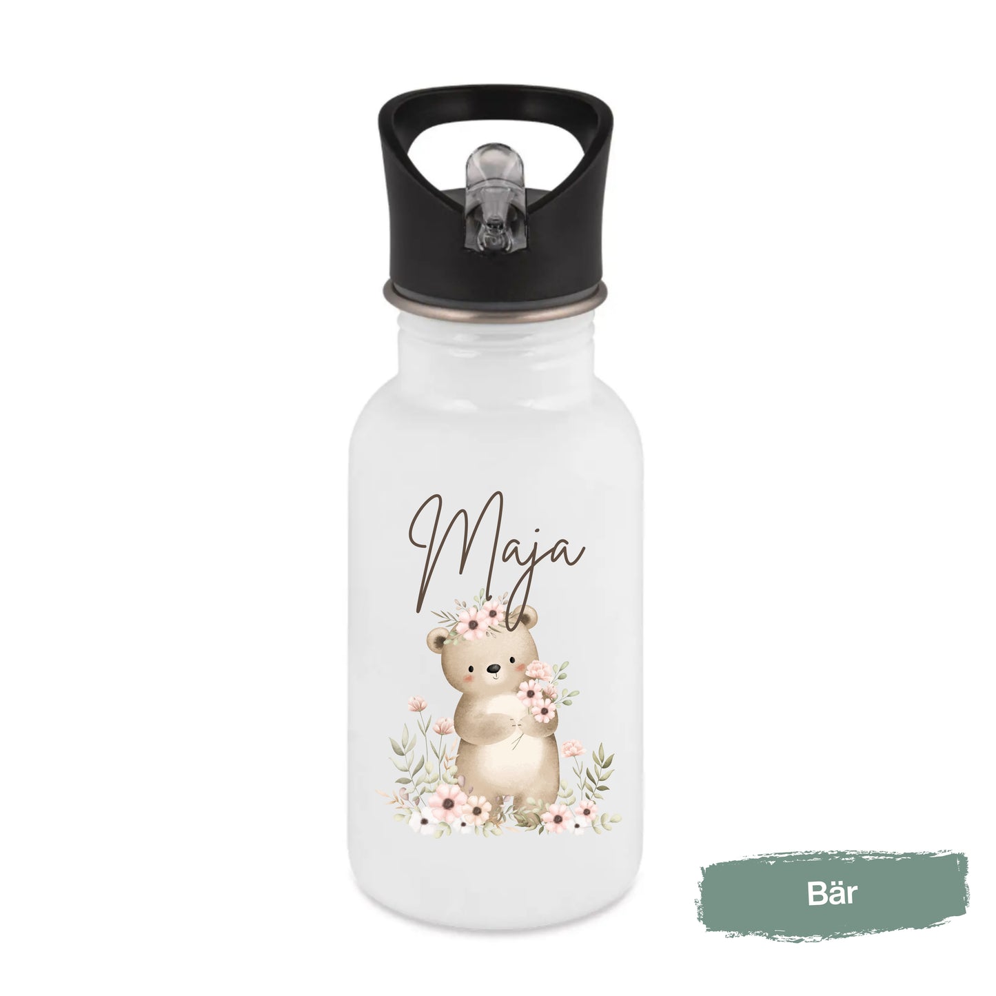 Trinkflasche Kinder personalisiert mit Namen | Waschbär Maus Fuchs Bär Eichhörnchen | Edelstahl Kinder Trinkflasche mit Strohhalm