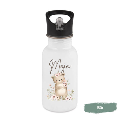 Trinkflasche Kinder personalisiert mit Namen | Waschbär Maus Fuchs Bär Eichhörnchen | Edelstahl Kinder Trinkflasche mit Strohhalm