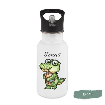 Personalisierte Trinkflasche Kinder mit Namen | Dino & Capybara | Edelstahl Kinder Trinkflasche mit Strohhalm | Kindergarten Schule