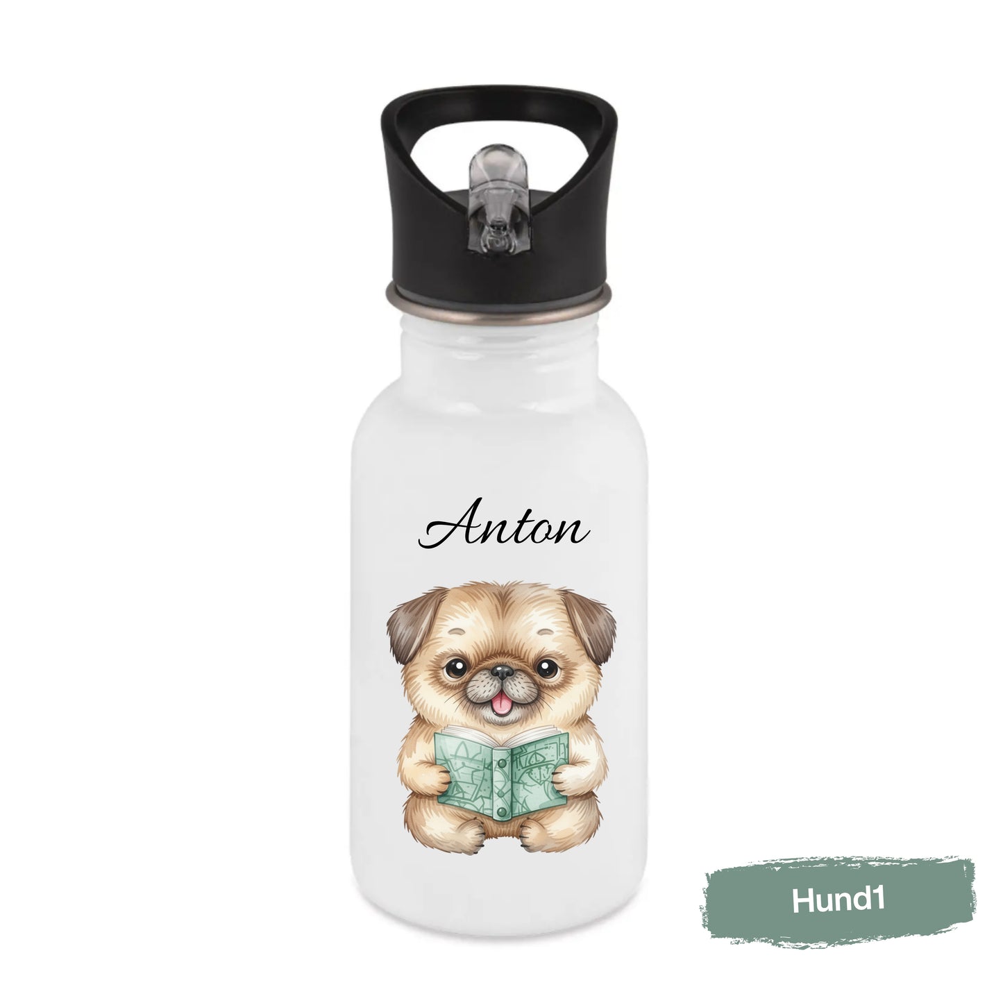Personalisierte Trinkflasche Kinder mit Namen | Hund Edelstahl Kinder Trinkflasche mit Strohhalm | Kindergarten Schule