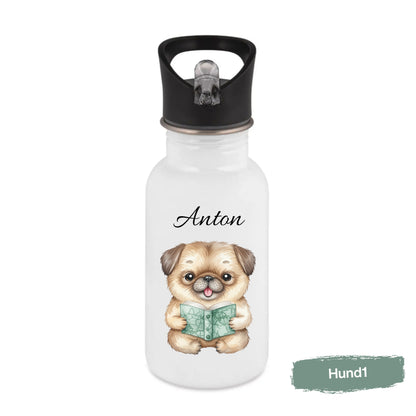 Personalisierte Trinkflasche Kinder mit Namen | Hund Edelstahl Kinder Trinkflasche mit Strohhalm | Kindergarten Schule