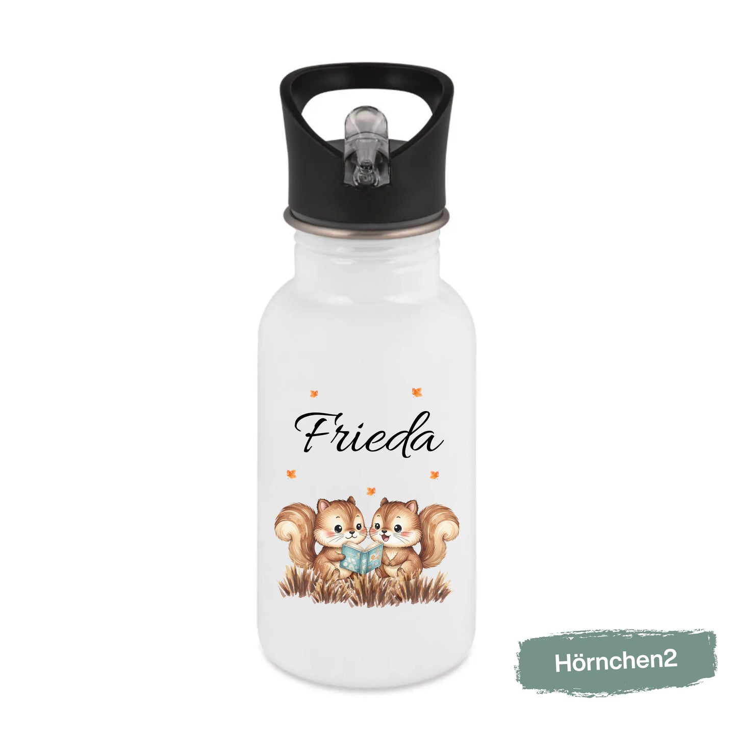 Personalisierte Trinkflasche Kinder mit Namen | Fuchs & Eichhörnchen Edelstahl Kinder Trinkflasche mit Strohhalm | Kindergarten Schule